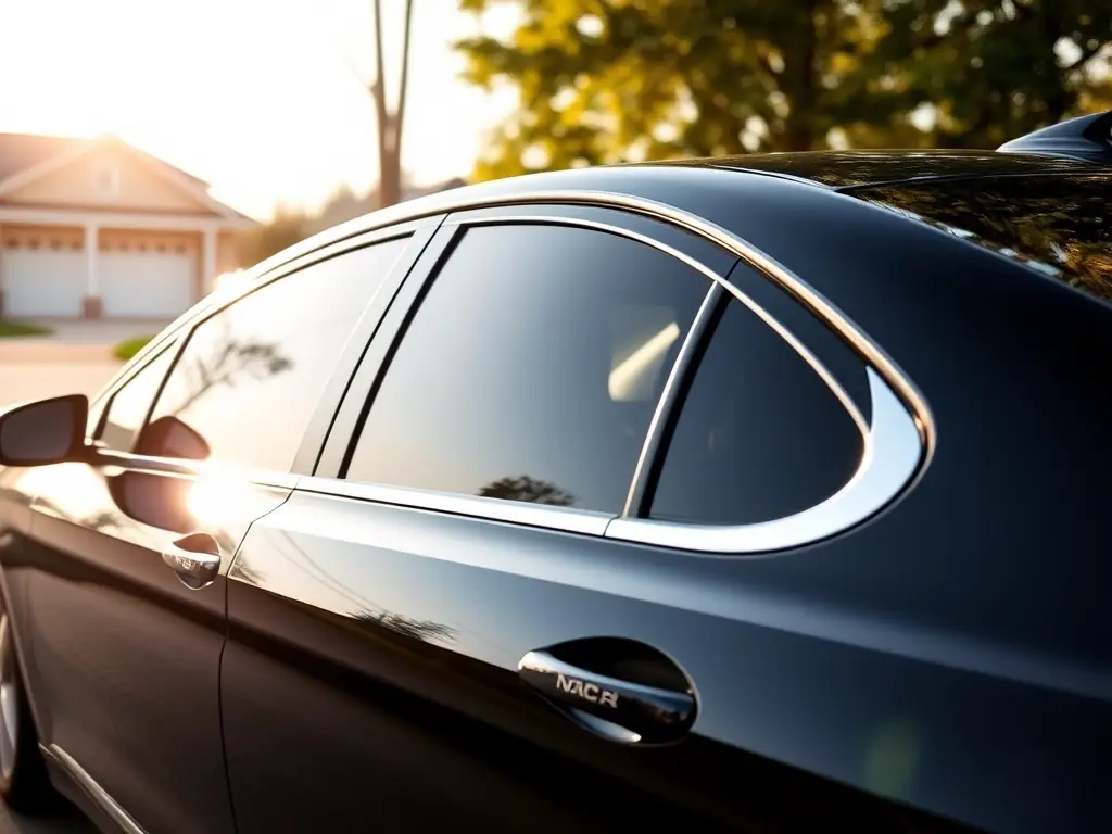 A sleek sedan with Premium Carbon window tint, parked in a suburban driveway, highlighting the enhanced aesthetics and privacy.
