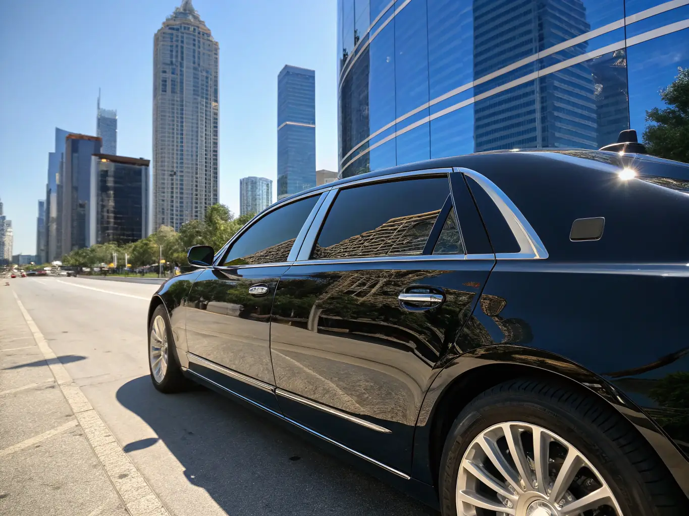 A sleek black sedan with standard carbon window tint, parked in a residential driveway, showcasing its dark, uniform appearance.