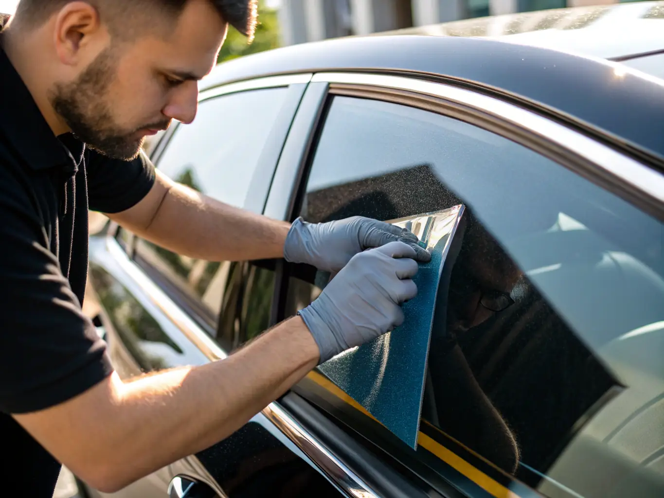 A close-up shot of a car window being tinted with Standard Carbon film, showcasing the application process and the clarity of the film.