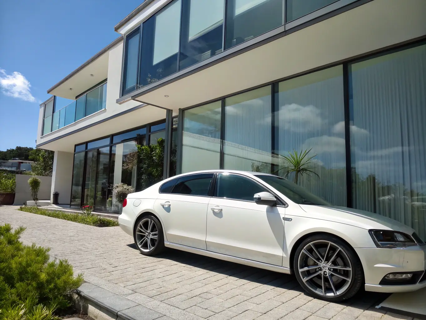 A sleek black sedan with standard carbon window tint, parked in a residential driveway, showcasing its subtle aesthetic enhancement and basic UV protection.